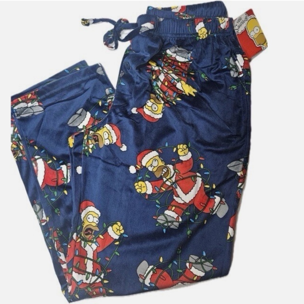 The Simpsons Pajama Pants Mens Large Blue Christmas‎ Homer Santa Briefly Stated